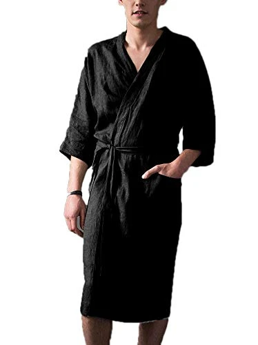 Men and Women Dressing Gown Bathrobe,Linen Comfy Long Pajamas Robe Bathrobe Black