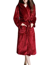 Men and Women Unisex Hooded Dressing Gown Warm Cosy Long Towelling Bath Robe Dressing Gown Bathrobe Housecoat Wine Red L