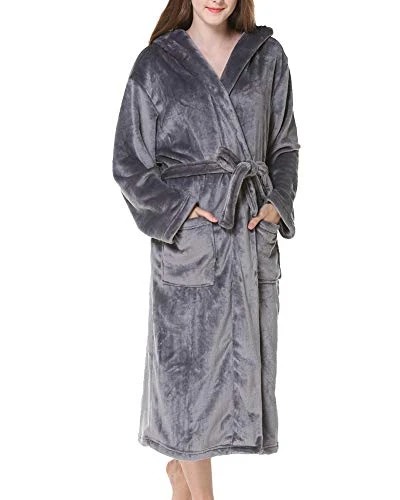 Men and Women Unisex Hooded Dressing Gown Warm Cosy Long Towelling Bath Robe Dressing Gown Bathrobe Housecoat Gray XL