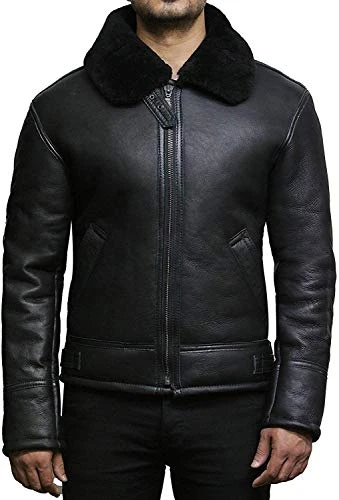 Men Aviator Ginger Brown B3 Real Shearling Sheepskin Leather Bomber Flying Pilot Jacket (Black, s)