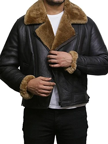 Men Aviator Ginger Brown B3 Real Shearling Sheepskin Leather Bomber Flying Pilot Jacket