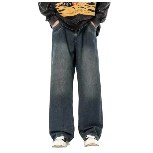 Men Baggy Jean Cotton Jeans Basic Plain Straight Leg Heavyweight Boys Denim Jean Streetwear Loose Fit Work Wear Regular Fit Zip Fly Belt Loop Pants Pocket Teens Trousers (Blue-c, M) Blue-c M