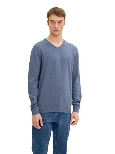 Men Basic knitted jumper with V-neck 1027665, 31083 - Greyish Mid Blue Melange, L