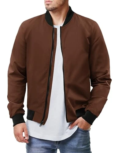 Men Bomber Jacket Lightweight Windbreaker Jackets Casual Softshell Flight Fashion Winter Fall Coat with Pocket, Brown, M