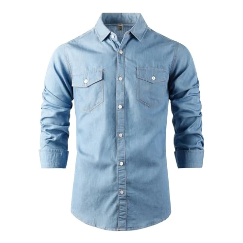 Men & Boys' Denim Button Down Shirt Long Sleeve Lightweight Father Son Matching Outfit, Light Blue, 