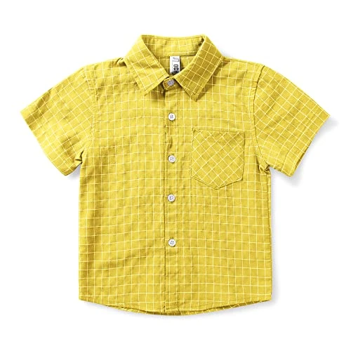 Men & Boys' Short Sleeve Button Down Oxford Shirt, Big Kids Casual Dress Tops 2T - XXL, Plaid Yellow