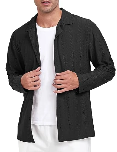 Men Button Down Long Sleeve Eyelet Shirts Cuban Guayabera Casual Beach Shirt Tops, Classic Black, S