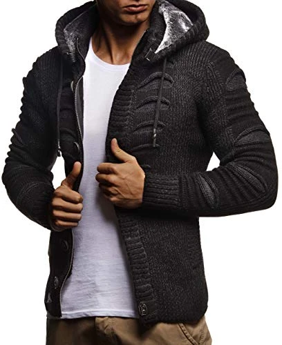 Men Cardigan Jacket Hood LN-5605 Anthracite Black Medium