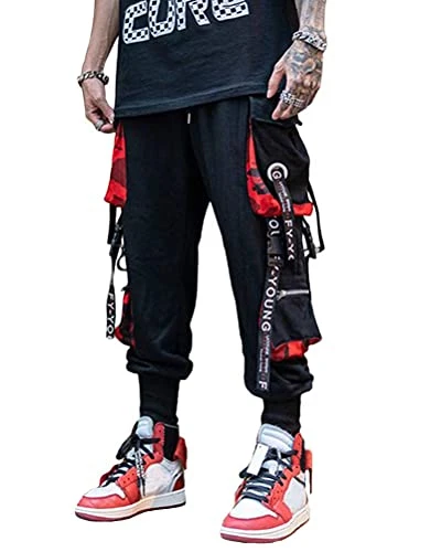 Men Cargo Pants Work Pants with Pockets Buckle Straps Casual Cargo Combat Trousers A Black S