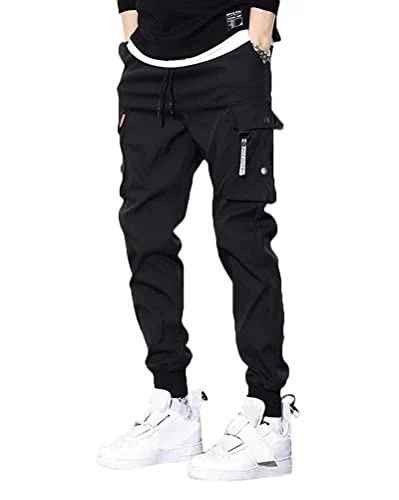 Men Cargo Pants Work Pants with Pockets Buckle Straps Casual Cargo Combat Trousers Sweatpants K Blac