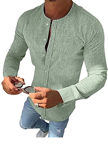 Men Casual Cotton Linen Long Sleeve Crew Neck Shirt Tops Blouse Pullover Buttons M Green