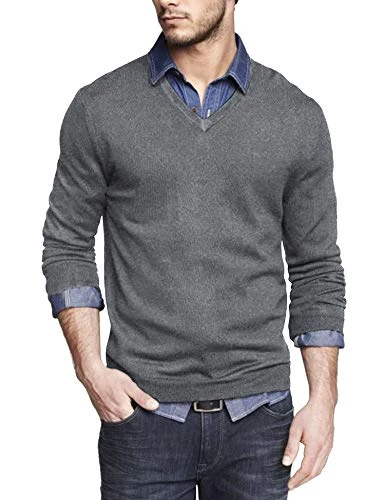 Men Casual Knitted Jumper Plain Mens V Neck Jumper Fashion Sweaters Gray XXL