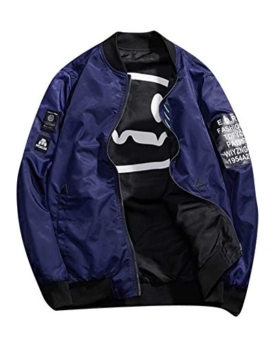 Men Casual Lightweight Varsity Baseball Bomber Jacket Coat Zipper Outerwear Streetwear Blue 3XL