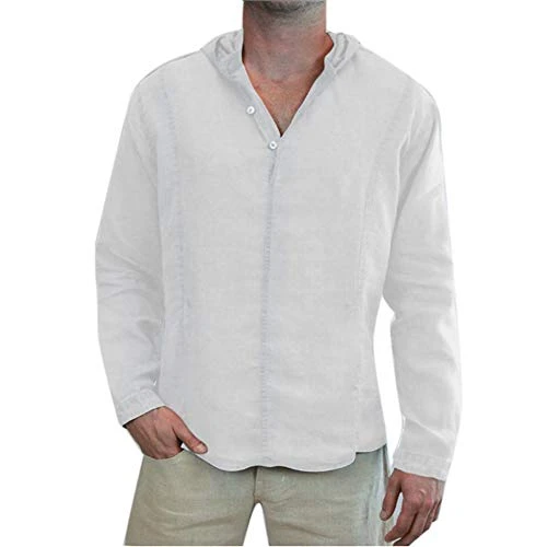 Men Casual Long Sleeve Linen Shirts Hooded Loose Blouse White M