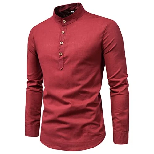 Men Casual Pullover Shirt Long Sleeve Button Stand Collar Slim Fit T Shirts Undershirt Tops Red 3XL