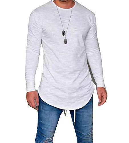 Men Casual Solid Color Tshirt Long Sleeve Top Tee White 3XL