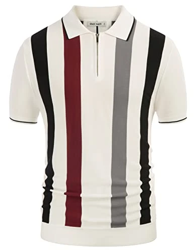 Men Casual Textured Contrast Tipped Polo Shirt Short Sleeves Zip up Neck Knitted T-Shirt Top Stripe 