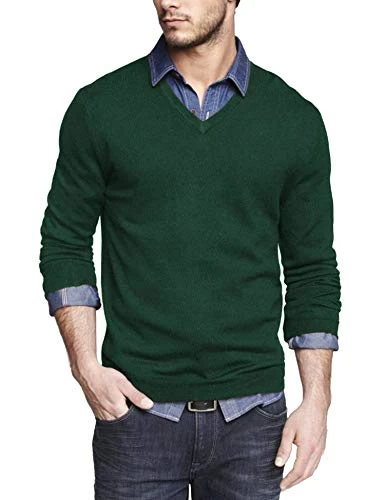 Men Casual V Neck Sweater Ribbed Knit Slim Fit Long Sleeve Pullover Top - green - Large