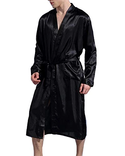 Men Casual Vintage Retro Nightwear Kimono Robe Dressing Gown Bathrobes Pajamas Black L