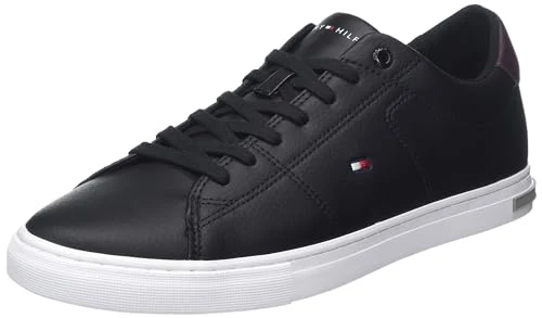 Men Essential Leather Detail Vulcanised Trainers, Black (Black), 42 EU