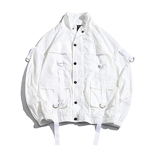 Men Fashion Men's Overalls Thin Bomber Jacket Summer Ribbons Loose Pocket Coat Hip Hop Wind Jacket US Size White