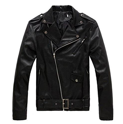 Men Faux Leather Motorcycle Biker Jacket Long Sleeve Slim Fit Coat Outerwear with Belt S Black