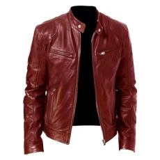 Men Faux Leather Zip Up Jacket Stand Collar Leather Motorcycle Jacket Lightweight Bomber Outwear PU Coat, Red, Medium