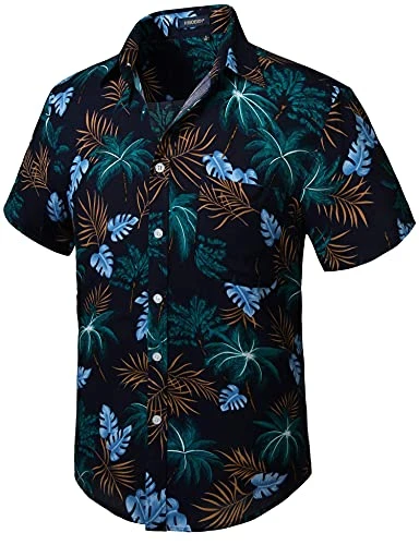 Men Funky Hawaiian Coconut Tree Shirts Short Sleeve Front Pocket Holiday Summer Aloha Printed Beach 