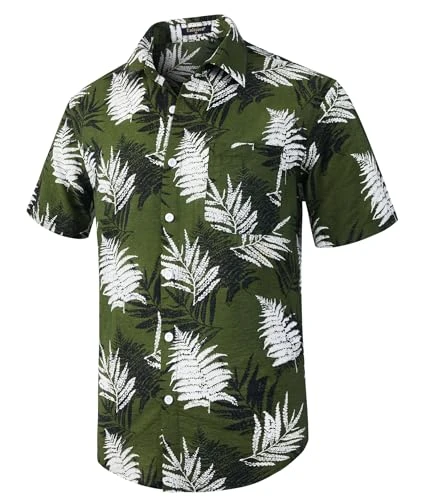 Men Hawaiian Shirts Green Funky Summer Short Sleeve Shirt Holiday Aloha Printed Hawaii Shirt with Po