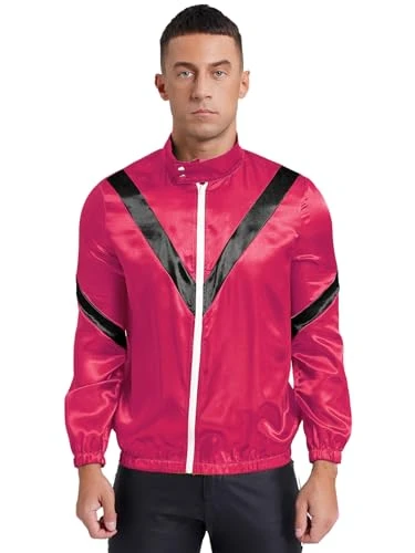 Men Horse Trainer Costume Racer Track Jacket Coat Long Sleeve Front Zipper Outerwear Top Hot Pink 3XL