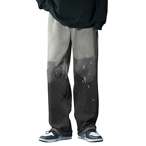Men Jeans, Pants for Men, Loose Leg Pant Long Jeans, Plus Size Denim Pants Trouser High Waist Straight Leg Jeans, Fashion Streetwear Y2k, Black/White, XL