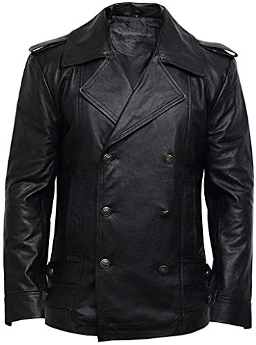 Men Kriegsmarine Black German DR WHO WW2 UBoat Captains Reefer Genuine Hide Leather Jacket Coat (M, 