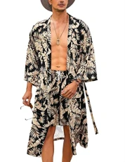 Men Lightweight 2 Piece Kimono Robe with Shorts Japanese 3/4 Sleeve Robes Casual Open Front Long Cardigan With Belt, Black(leaves), Large
