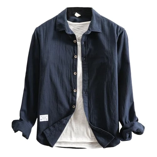 Men Long Sleeve Casual Beach Linen Shirts Solid Color Retro Loose Outer Shirt Navy Blue 3XL