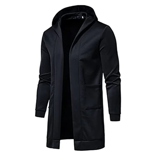 Men Plain Hoodies, Long Sleeve Open Front Cardigan Sweatshirts with Hood & Pockets (Black, XXL)