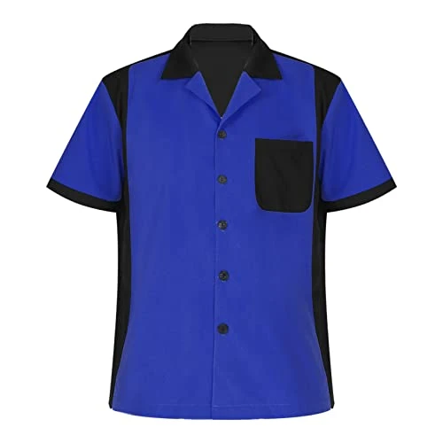 Men Retro 50s Bowling Camp Shirt Rockabilly Style Summer Short Sleeve Casual Button Down Shirt Royal