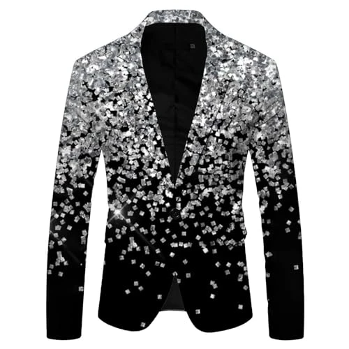 Men Shiny Sequin Blazer Jacket Long Sleeve Glitter Blazer Comfort Smart Casual Suit Jackets for Men UK Blazer Sparkly Jacket Modern Fit Holiday Blazers Black