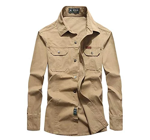 Men Shirt Slim Fit Long Sleeve Elastic Formal Casual Solid Button Down Shirts Khaki S