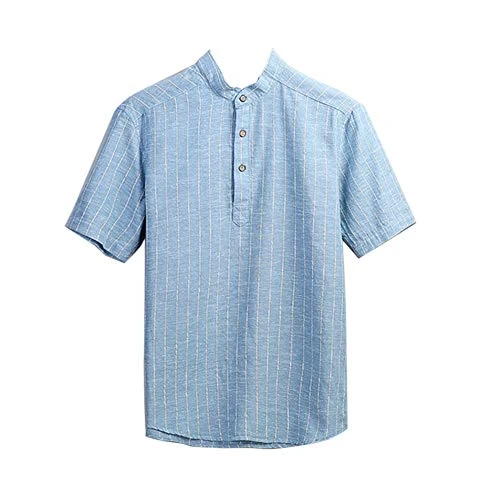 Men Shirts Cotton Linen Short Sleeve Casual Top Sky Blue 2XL