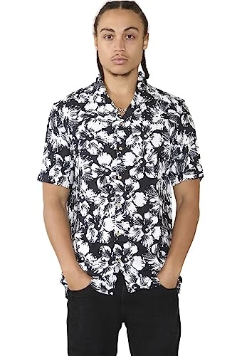 Men Short Sleeve Casual Printed Summer Beach Holiday Shirts Short Sleeve Shirt Black X-Large