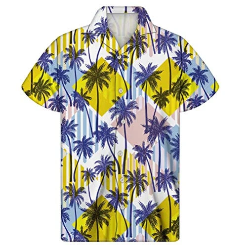 Men Short Sleeve Hawaiian Palm Tree Causal Loose Button Down Blouse Summer Beach Holiday Shirt Tops 