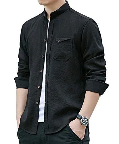 Men Slim Fit Long Sleeve Stand Collar Cotton Button Down Shirt (Asian M, Black)