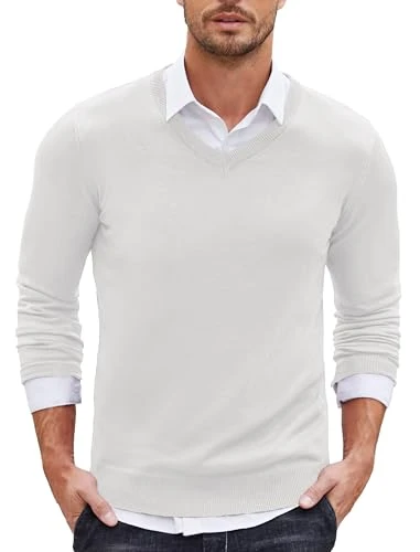 Men Solid Long Sleeve Jumpers V Neck Knit Business Pullover Plain Mens Sweatshirts Solid Color White