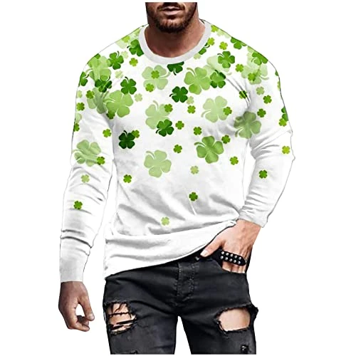 Men St Patrick's Day Sweatshirts Cute Clover Print Shirt Casual Shamrock Crew Neck Long Sleeve Pullo