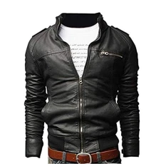 Men Stand Cut Collar Casual Biker Jacket Faux Leather Military Slim Fit Zipped Coat Outerwear M Black
