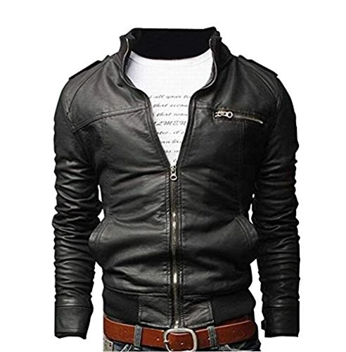 Men Stand Cut Collar Casual Biker Jacket Faux Leather Military Slim Fit Zipped Coat Outerwear M Black