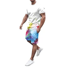 Men Summer Outfit Beach Short Sleeve Printed Shirt Short Suit Shirt Pants Suit With Pockets Jacket Pants Men
