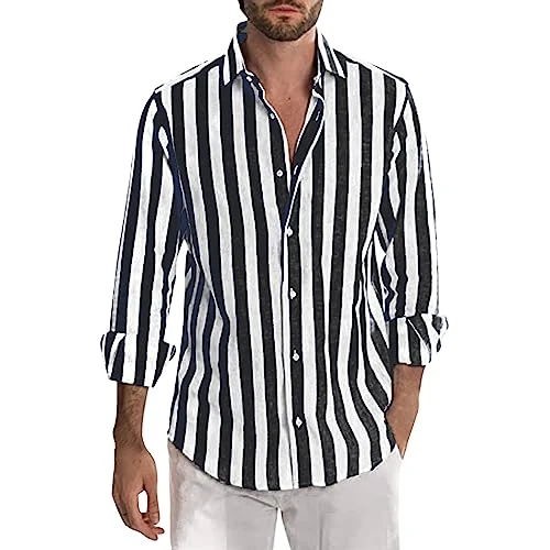 Men Summer Striped Casual Shirt:Business Formal Shirts Daily Street Linen Shirts Long Sleeve Button 