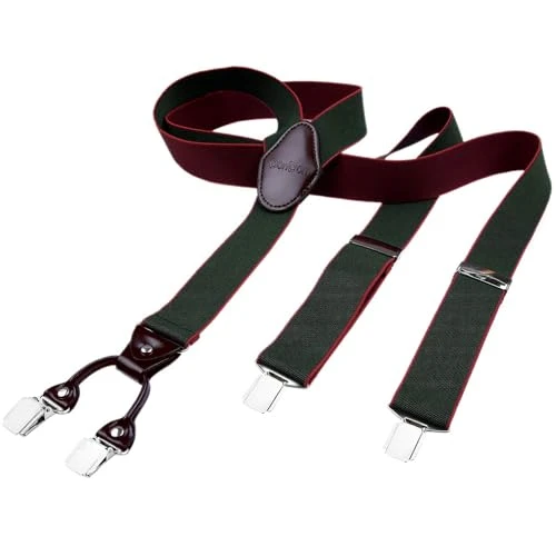 men suspenders 3,5 cm 1,38" wide 4 clips with brown leather in Y-form elastic and length adjustable dark green