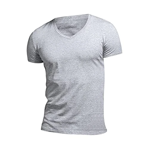 Men T-Shirt Summer Casual Tops Men's Short Sleeve T-Shirts Premium Solid Cotton V-Neck T-Shirts Black Men, gris, XL